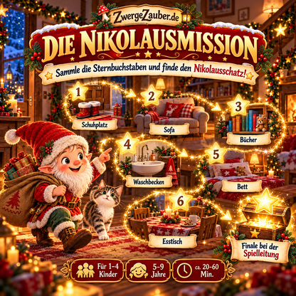 Die sechs Stationen der Nikolaus-Schnitzeljagd führen vom Schuhplatz über Sofa, Bücher, Waschbecken und Bett zum Esstisch und anschließend zum Finale.