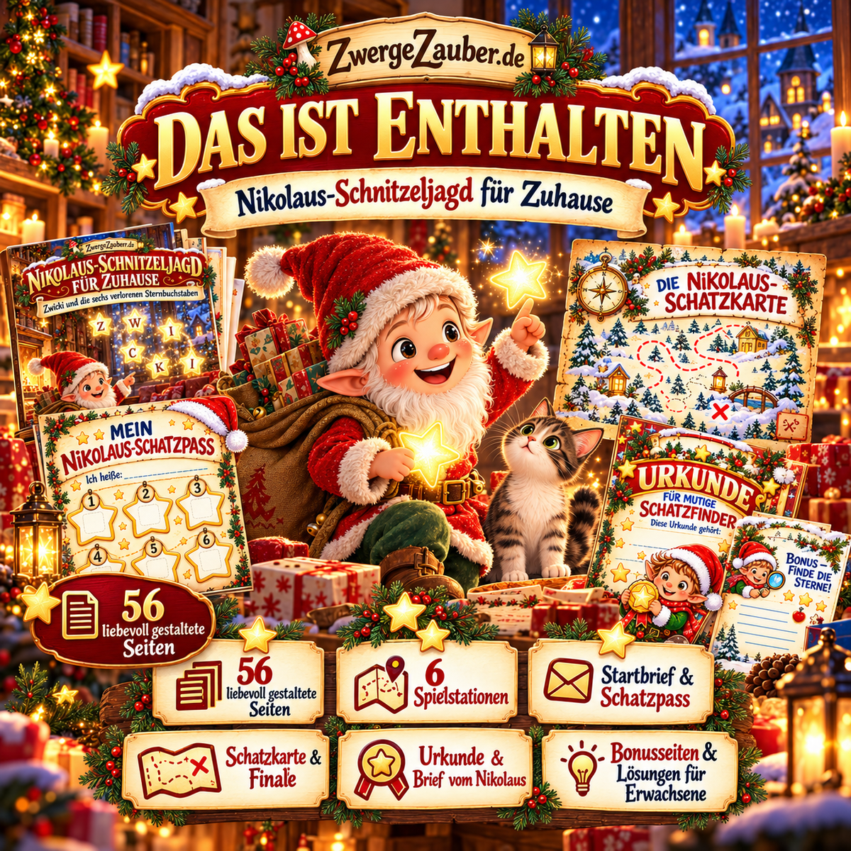 Inhalt der Nikolaus-Schnitzeljagd mit 56 Seiten zum Ausdrucken, 6 Spielstationen, Startbrief, Schatzpass, Schatzkarte, Urkunde und Bonusrätseln.