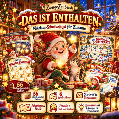 Inhalt der Nikolaus-Schnitzeljagd mit 56 Seiten zum Ausdrucken, 6 Spielstationen, Startbrief, Schatzpass, Schatzkarte, Urkunde und Bonusrätseln.