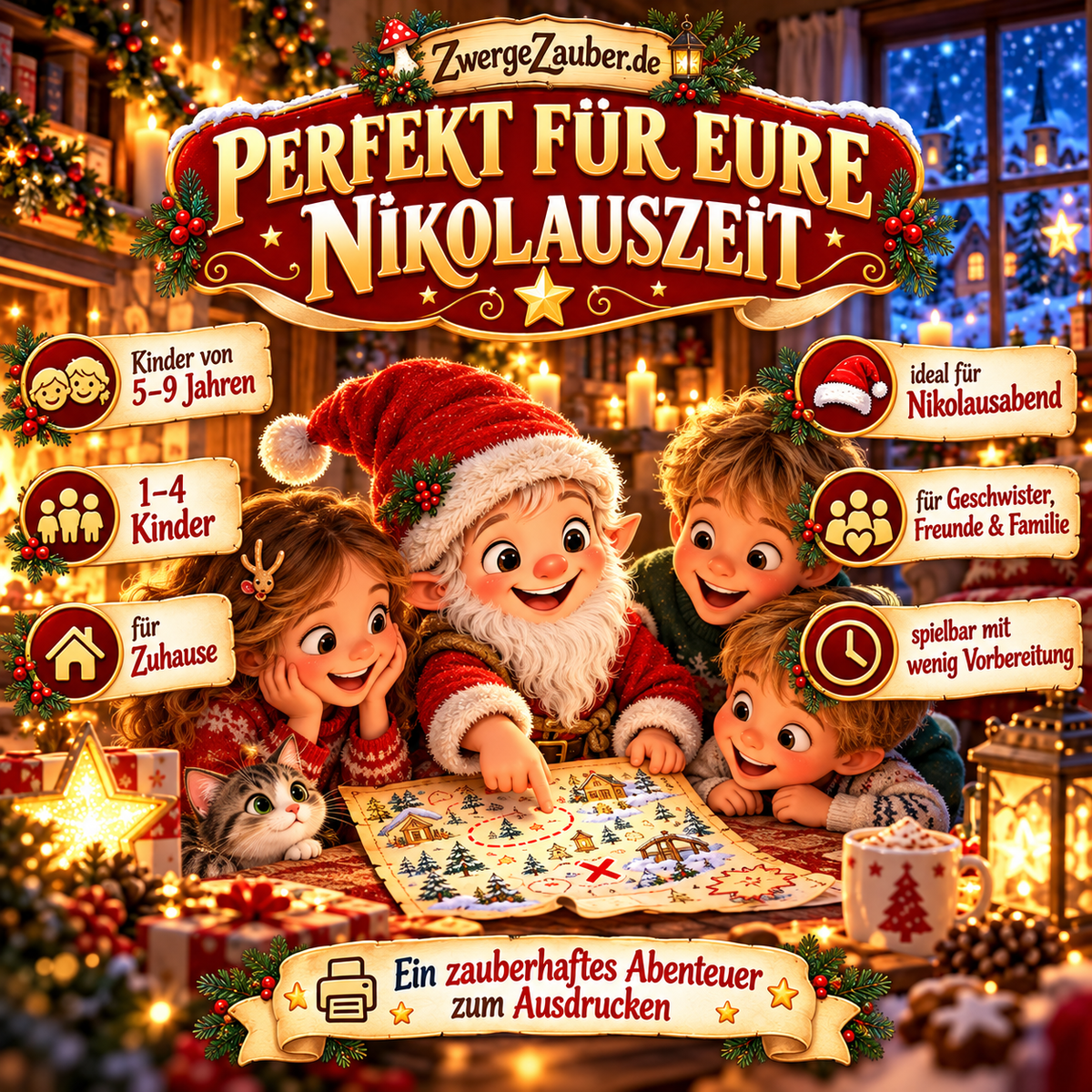 Nikolaus-Schnitzeljagd für Kinder von 5–9 Jahren mit Zwicki und Schatzkarte, für 1–4 Kinder, Geschwister, Freunde und Familien zum gemeinsamen Spielen zu Hause.