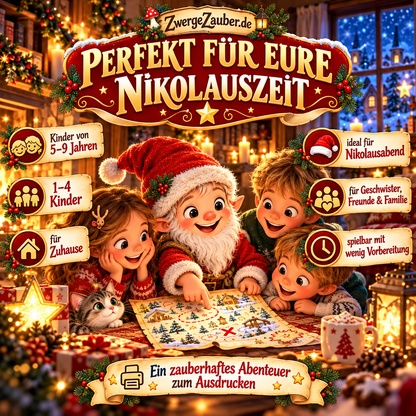 Nikolaus-Schnitzeljagd für Kinder von 5–9 Jahren mit Zwicki und Schatzkarte, für 1–4 Kinder, Geschwister, Freunde und Familien zum gemeinsamen Spielen zu Hause.