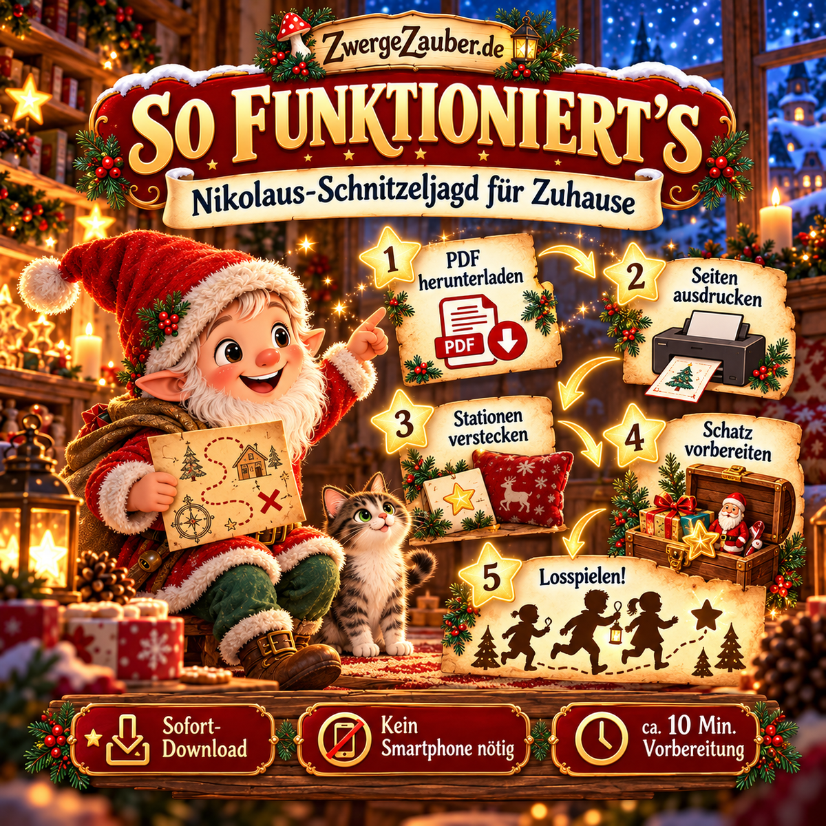 So funktioniert die Nikolaus-Schnitzeljagd für Zuhause: PDF herunterladen, Seiten ausdrucken, Stationen verstecken, Schatz vorbereiten und gemeinsam losspielen.