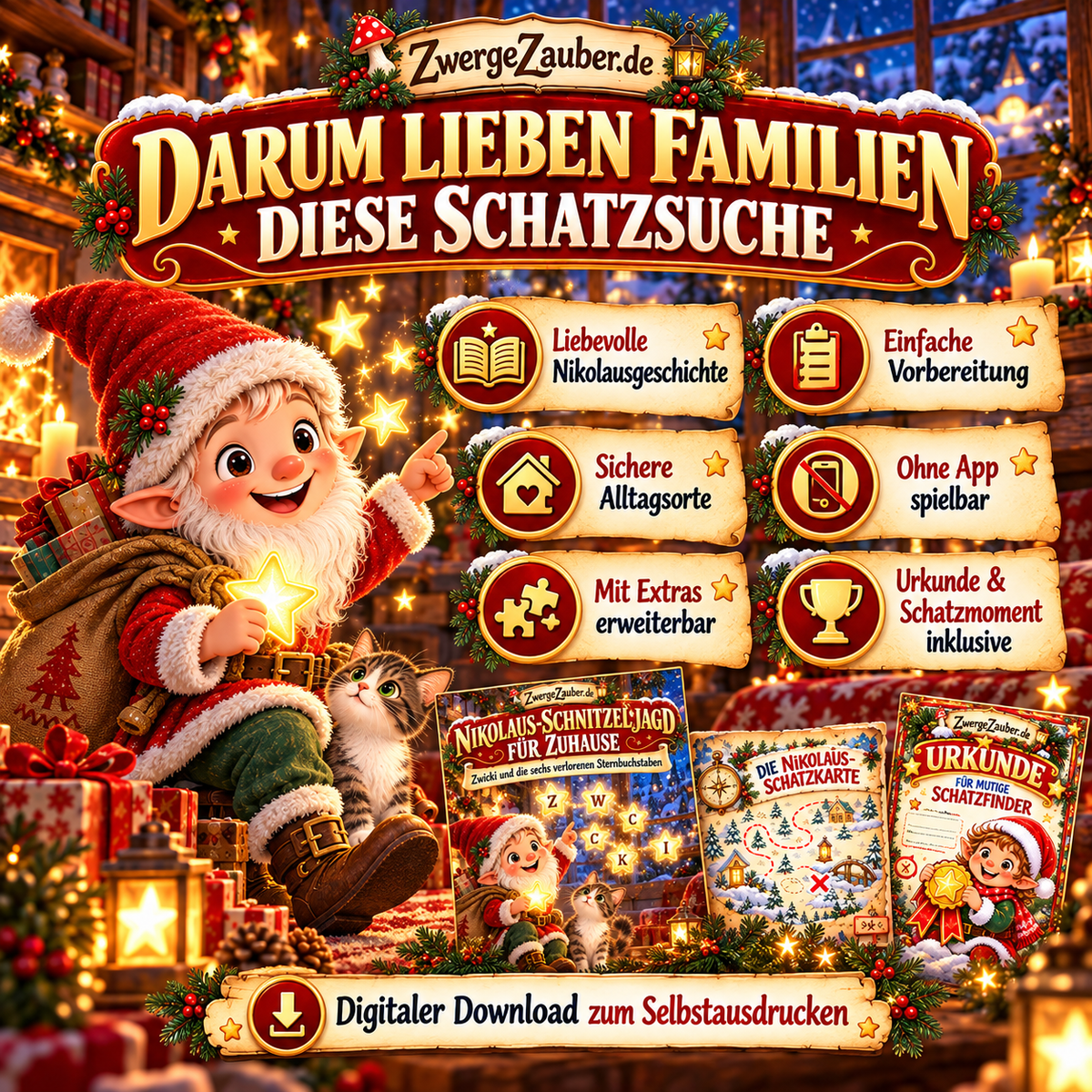 Vorteile der Nikolaus-Schnitzeljagd von ZwergeZauber: liebevolle Geschichte, einfache Vorbereitung, sichere Spielorte, ohne App spielbar, mit Bonusrätseln und Urkunde.