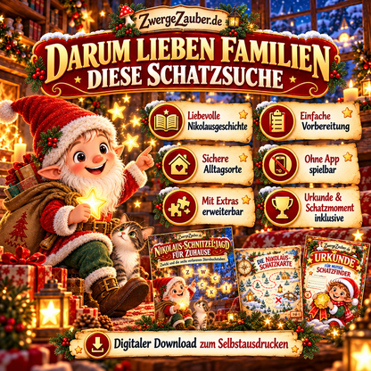 Vorteile der Nikolaus-Schnitzeljagd von ZwergeZauber: liebevolle Geschichte, einfache Vorbereitung, sichere Spielorte, ohne App spielbar, mit Bonusrätseln und Urkunde.