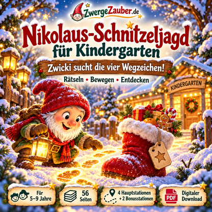 Nikolaus-Schnitzeljagd für Kindergarten von ZwergeZauber: Zwicki und roter Stiefel, 56 PDF-Seiten für Kinder von 5–9 Jahren.