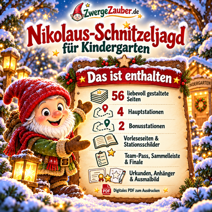 Inhalt der Nikolaus-Schnitzeljagd: 56 Seiten mit vier Hauptstationen, zwei Bonusstationen, Team-Pass, Urkunden und Ausmalbild.