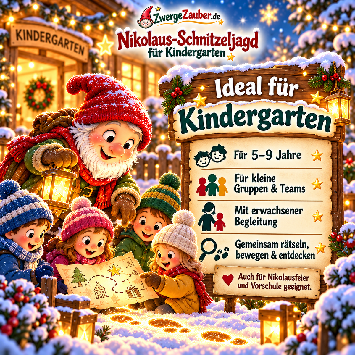 Zwicki und Kinder bei der Nikolaus-Schnitzeljagd im Kindergarten: gemeinsam rätseln und entdecken für Kinder von 5–9 Jahren.