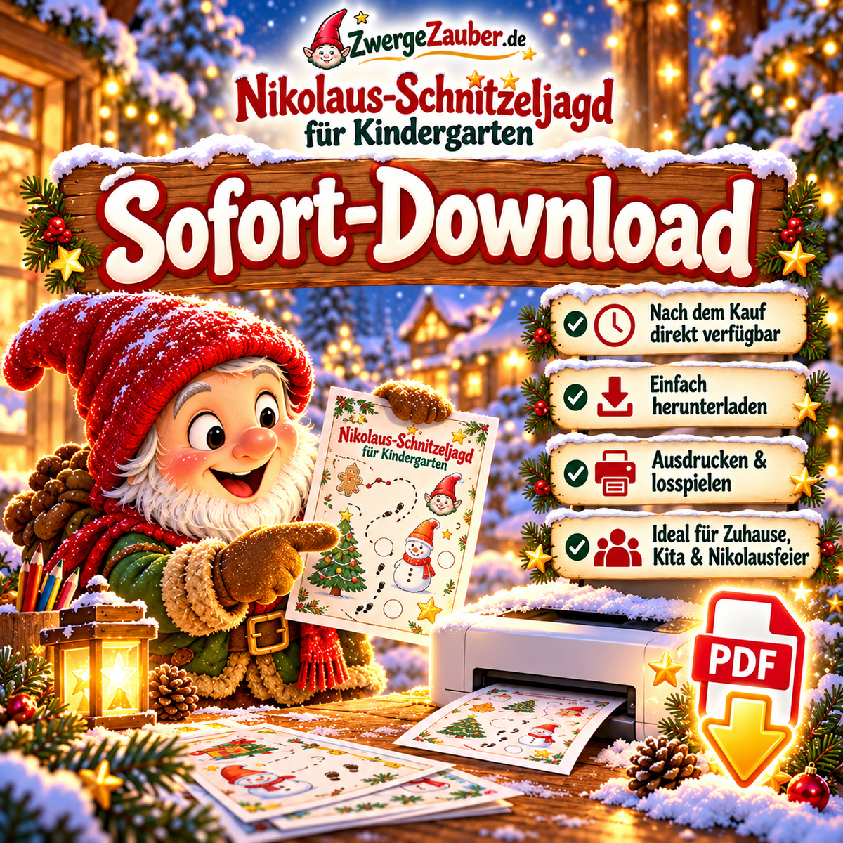 PDF-Download der Nikolaus-Schnitzeljagd für Kindergarten: Zwicki mit Spielblättern neben einem Drucker.