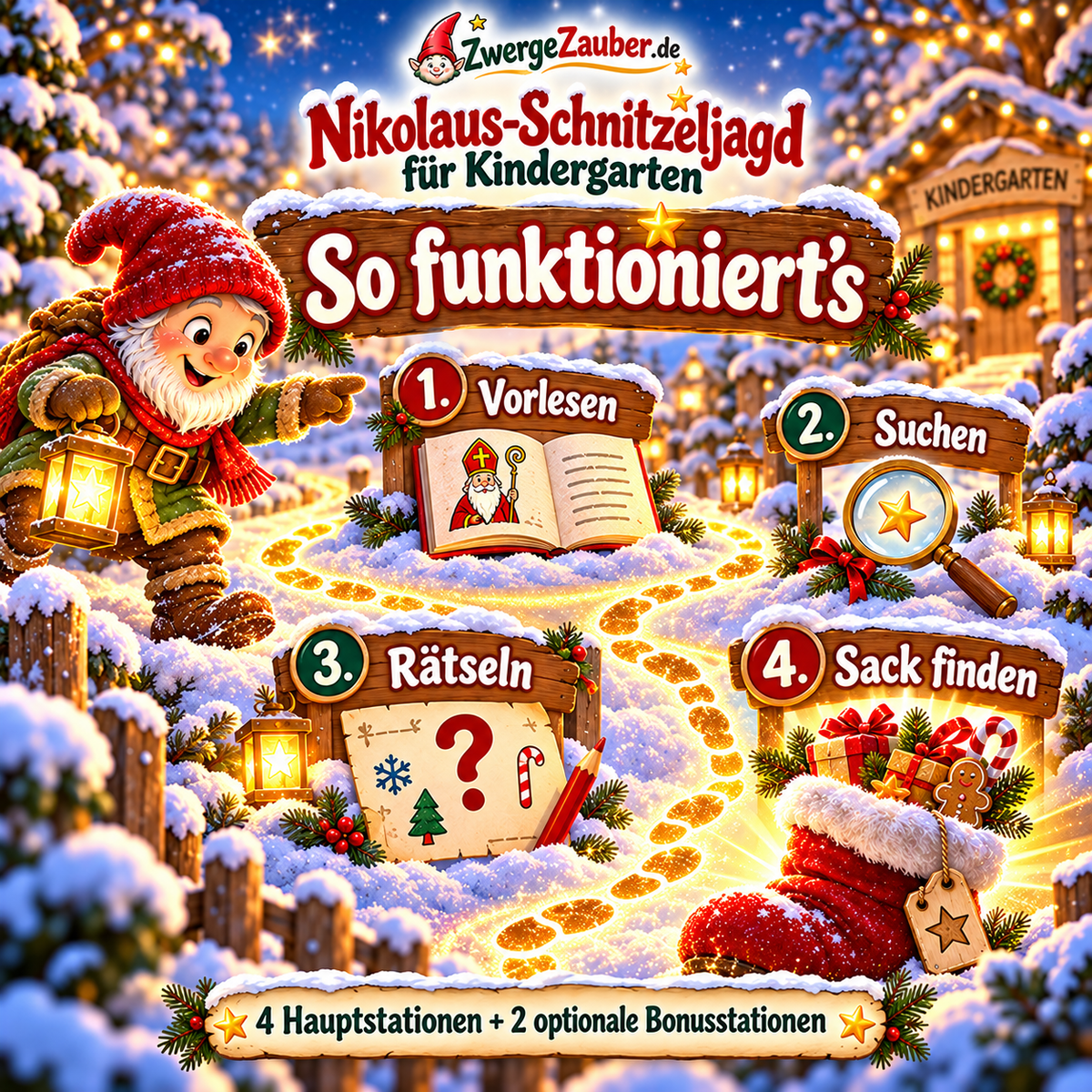 Ablauf der Nikolaus-Schnitzeljagd in vier Schritten: Vorlesen, Suchen, Rätseln und den Sack finden.