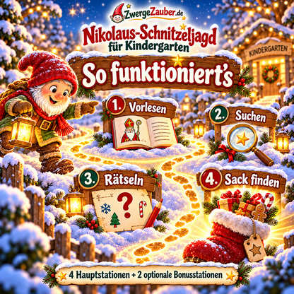 Ablauf der Nikolaus-Schnitzeljagd in vier Schritten: Vorlesen, Suchen, Rätseln und den Sack finden.