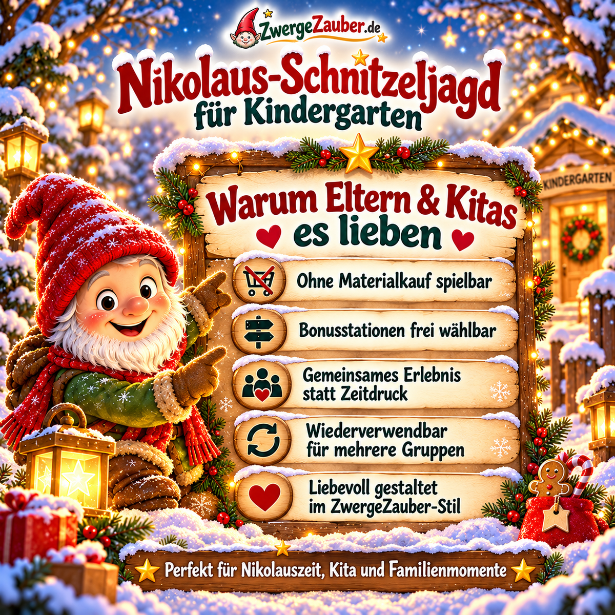 Vorteile der Nikolaus-Schnitzeljagd für Kindergarten: gemeinsames Spielen ohne Zeitdruck, optionale Bonusstationen und Wiederverwendung.