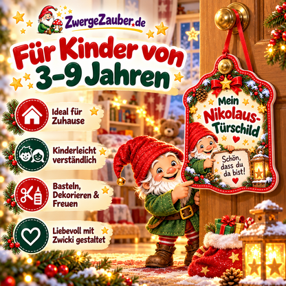Nikolaus-Türschild mit Zwicki für Kinder von 3 bis 9 Jahren, zum Basteln, Dekorieren und Aufhängen an der Kinderzimmertür.
