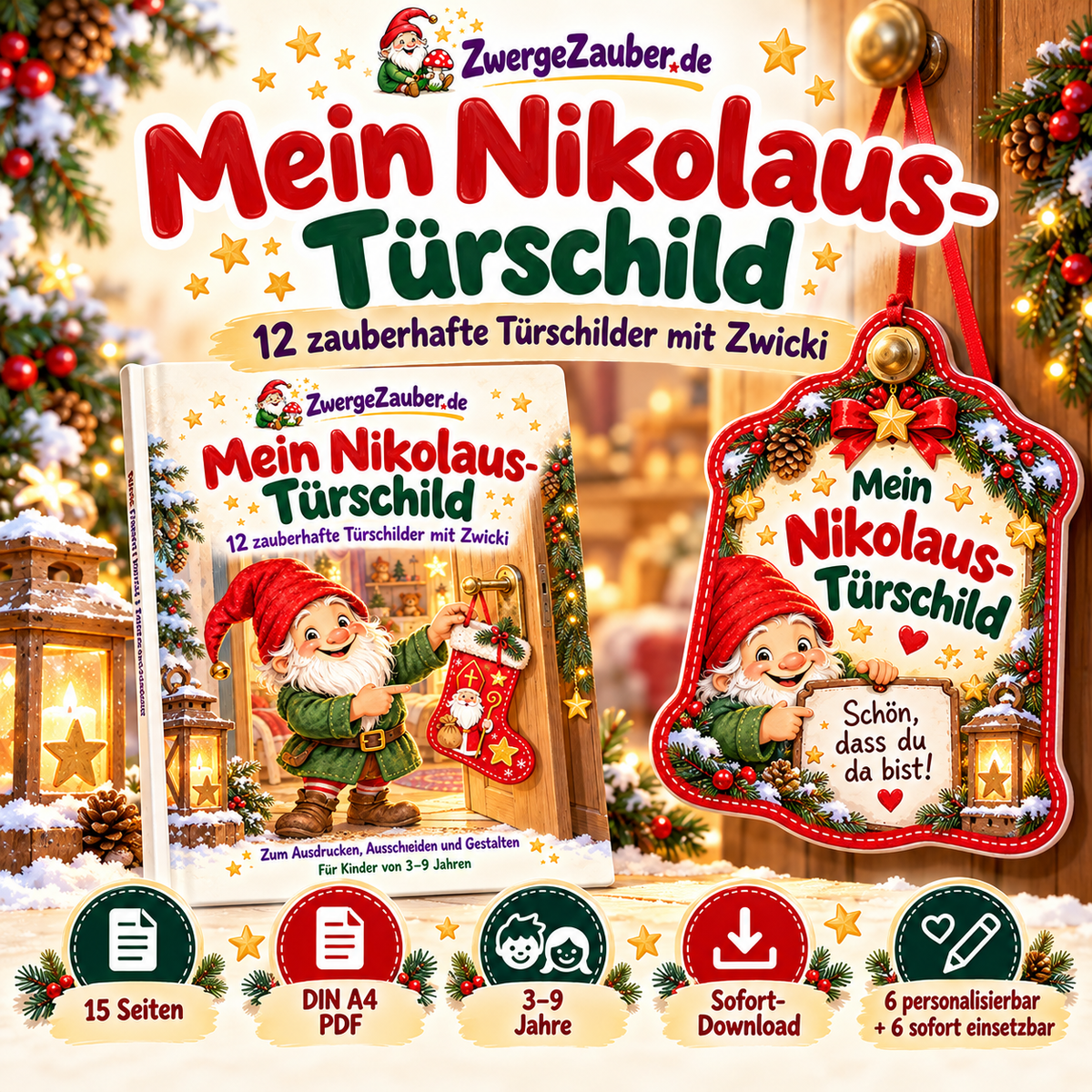 Mein Nikolaus-Türschild von ZwergeZauber mit Zwicki, 12 weihnachtlichen Türschild-Motiven für Kinder von 3 bis 9 Jahren zum Ausdrucken.