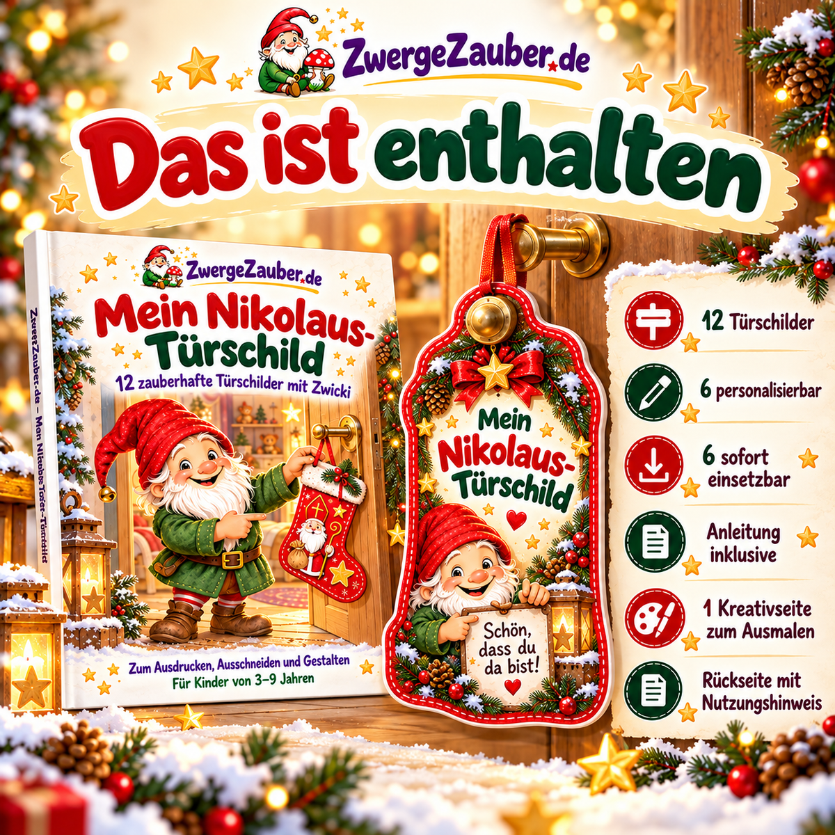 Inhaltsübersicht des Nikolaus-Türschild-PDFs mit 12 Türschildern, 6 personalisierbaren Motiven, Anleitung und Ausmalseite.