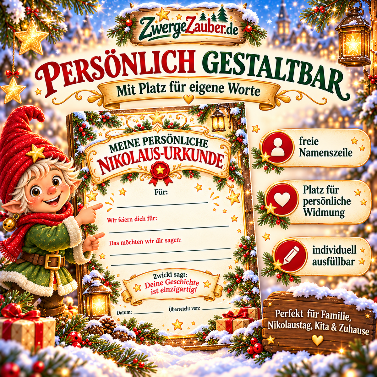 Persönlich gestaltbare Nikolaus-Urkunde mit freier Namenszeile, Platz für individuelle Worte und liebevollen Illustrationen von Zwicki.