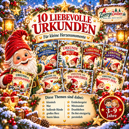 Übersicht der 10 Nikolaus-Urkunden für Kinder, unter anderem für Mut, Freundlichkeit, helfende Hände, Kreativität und Entdeckergeist.