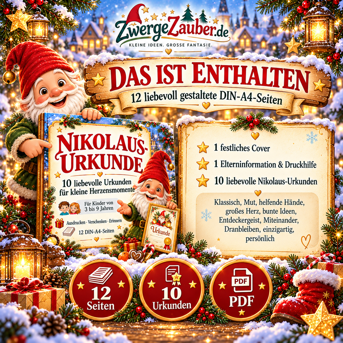 Inhalt des Nikolaus-Urkunden-PDFs mit 12 DIN-A4-Seiten, bestehend aus Cover, Elternanleitung und 10 liebevoll gestalteten Urkunden.