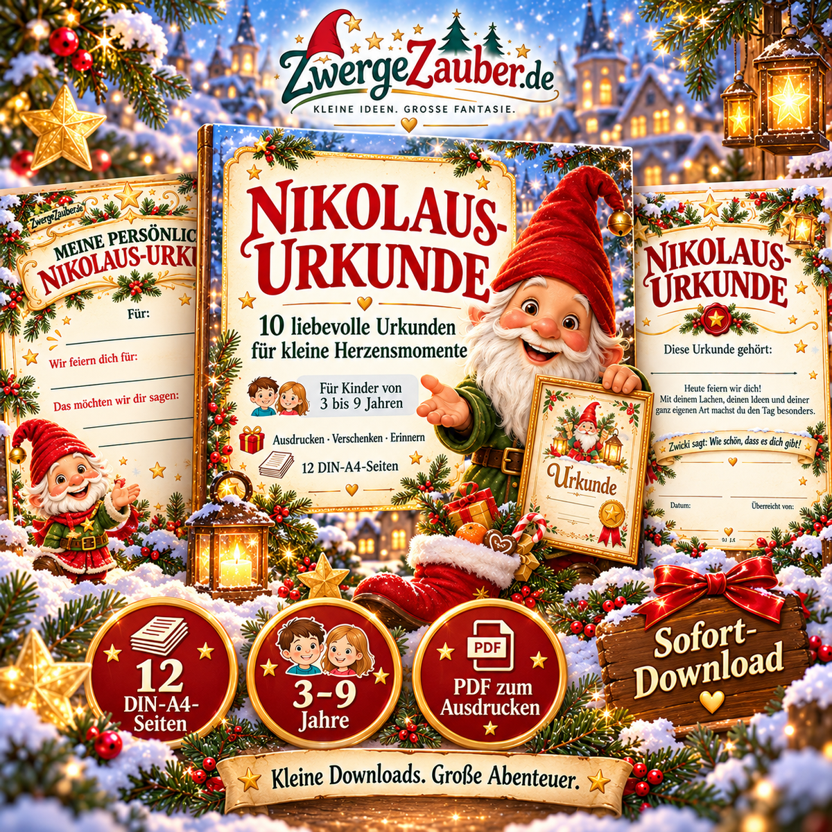 Nikolaus-Urkunden von ZwergeZauber mit Zwicki, 10 liebevolle Vorlagen für Kinder von 3 bis 9 Jahren als PDF zum Ausdrucken.