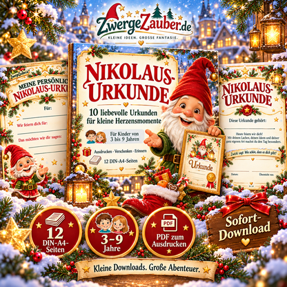 Nikolaus-Urkunden von ZwergeZauber mit Zwicki, 10 liebevolle Vorlagen für Kinder von 3 bis 9 Jahren als PDF zum Ausdrucken.