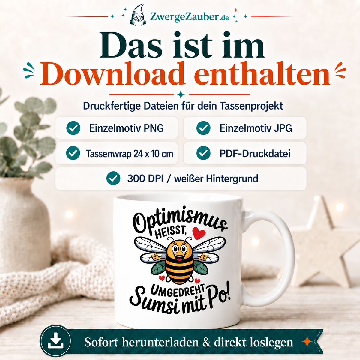 ZwergeZauber Tassendesign Optimismus heißt, umgedreht Sumsi mit Po! – Verkaufsbild 2