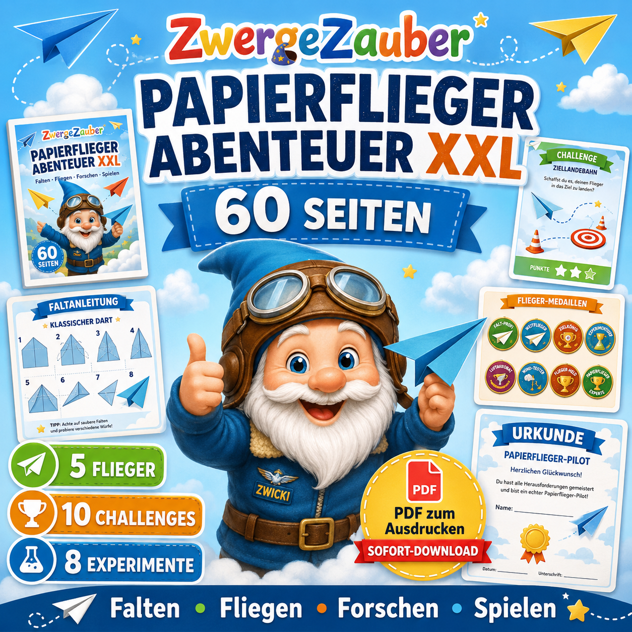 Papierflieger-Abenteuer XXL von ZwergeZauber mit 60 Seiten, 5 Papierfliegern, Experimenten und Flug-Challenges für Kinder