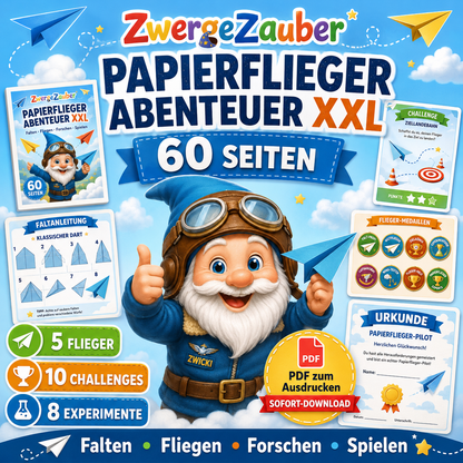 Papierflieger-Abenteuer XXL von ZwergeZauber mit 60 Seiten, 5 Papierfliegern, Experimenten und Flug-Challenges für Kinder