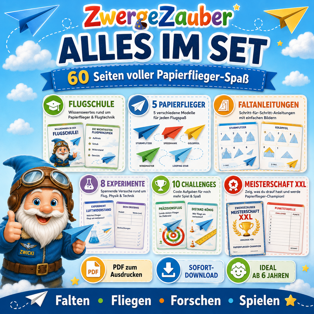 Übersicht zum Papierflieger-Abenteuer XXL mit 60 Seiten Faltspaß, Flugexperimenten, Challenges und Zwicki