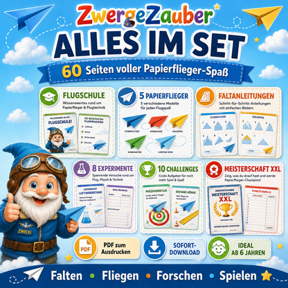 Übersicht zum Papierflieger-Abenteuer XXL mit 60 Seiten Faltspaß, Flugexperimenten, Challenges und Zwicki