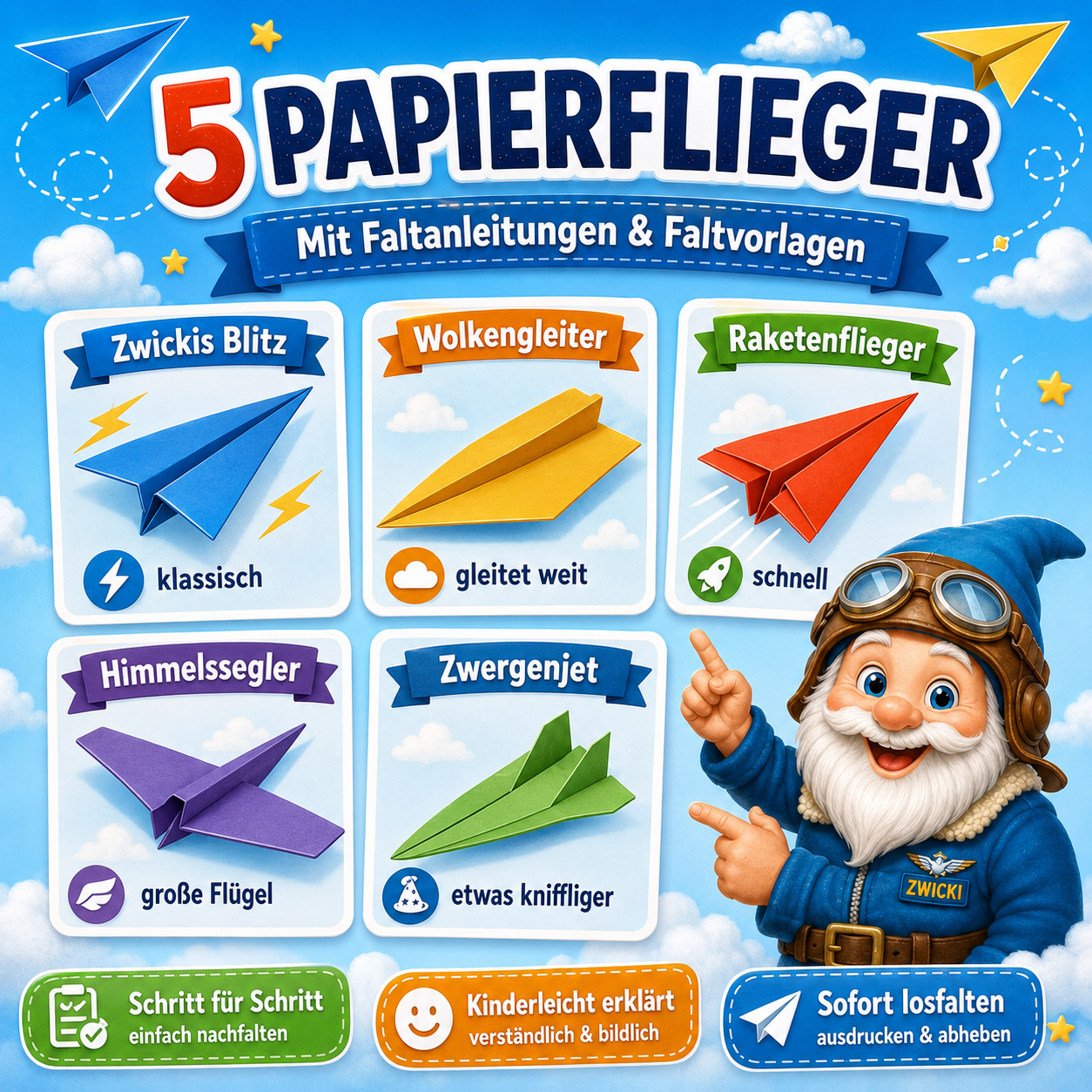 Papierflieger basteln und falten für Kinder mit Vorlagen, Anleitungen und kreativen Aufgaben von ZwergeZauber