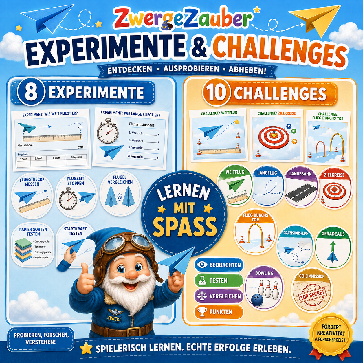Papierflieger-Experimente und Flug-Challenges für Kinder mit Weitflug, Langflug, Zielwurf und Forscheraufgaben