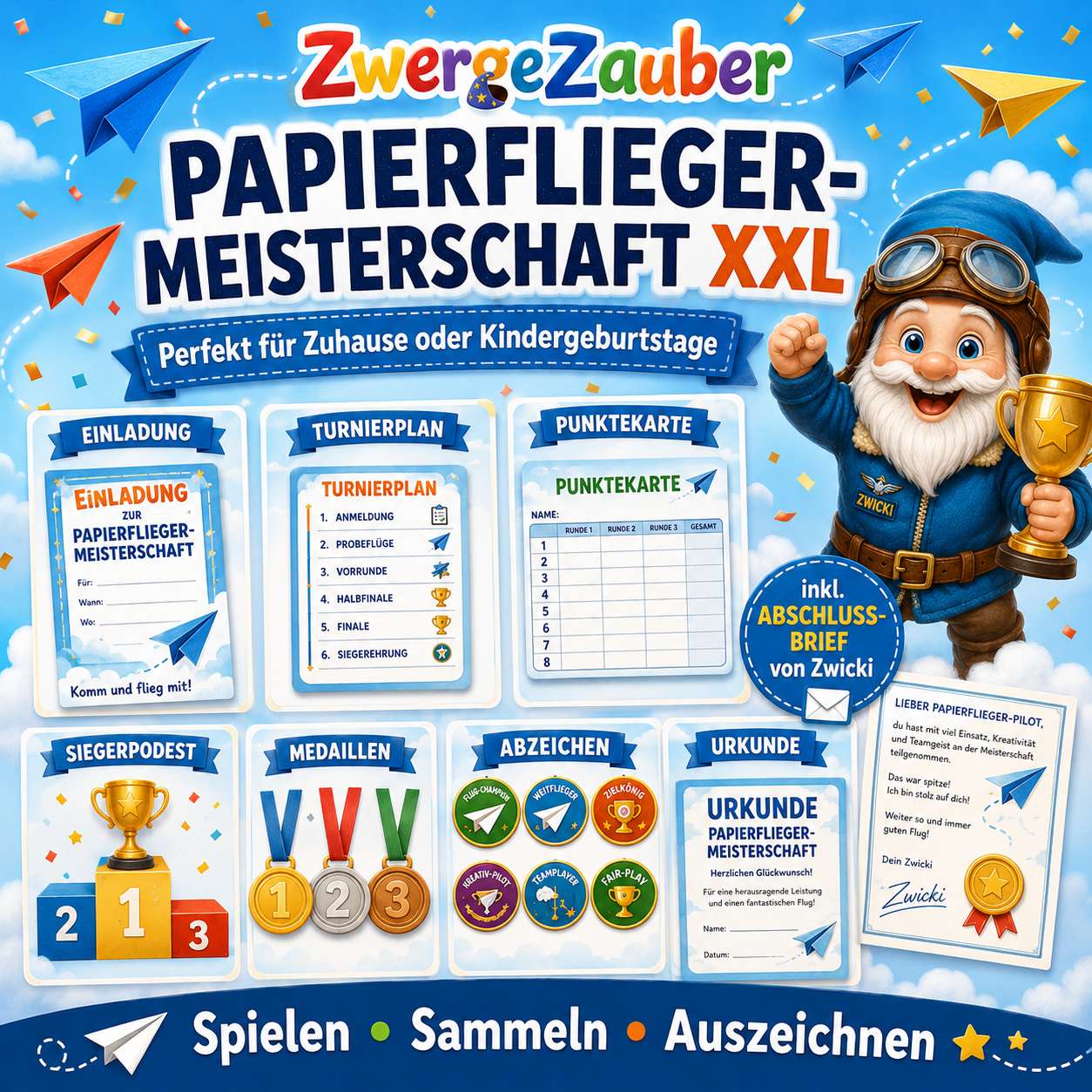 Papierflieger-Meisterschaft XXL mit Turnierplan, Medaillen, Piloten-Abzeichen, Siegerpodest und Urkunde