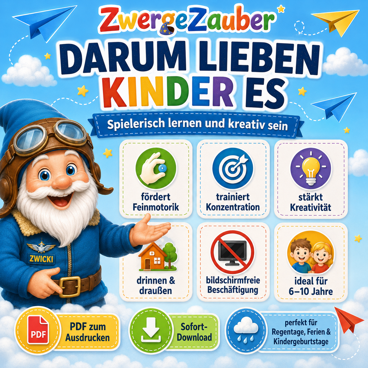 Digitales Papierflieger-PDF für Kinder zum sofortigen Download und Ausdrucken mit 60 Seiten Spiel- und Bastelspaß