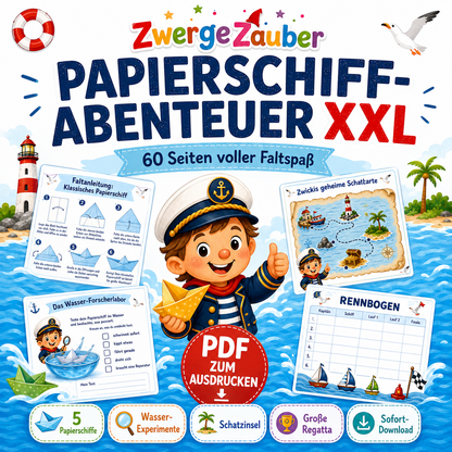 Papierschiff-Abenteuer XXL von ZwergeZauber – 60 Seiten mit Papierschiffen, Faltspaß, Wasserexperimenten, Schatzinsel und Regatta