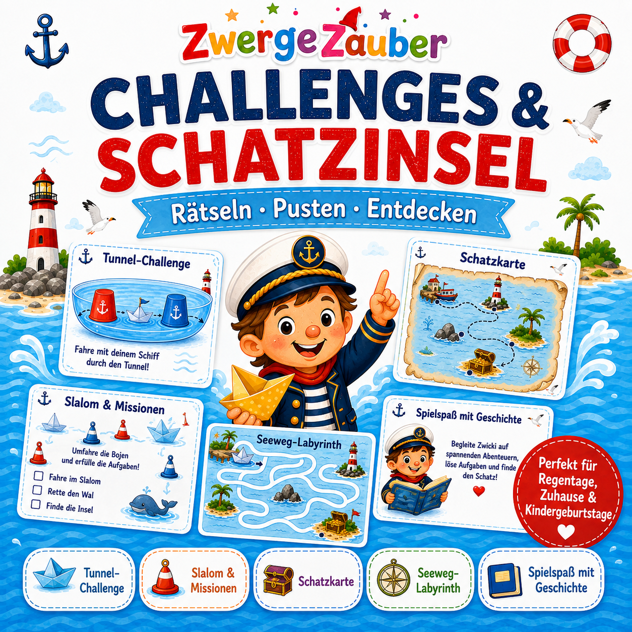 Papierschiff-Challenges und Schatzinsel-Abenteuer mit Tunnel, Slalom, Schatzkarte und Seeweg-Labyrinth für Kinder