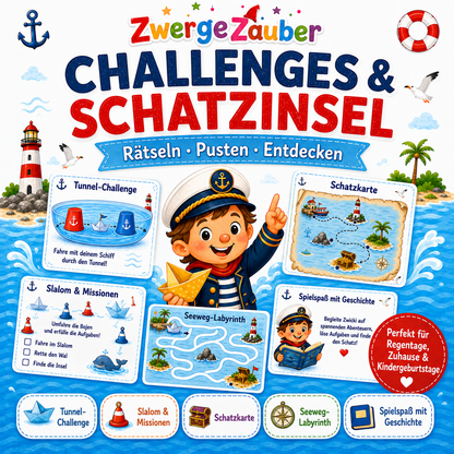 Papierschiff-Challenges und Schatzinsel-Abenteuer mit Tunnel, Slalom, Schatzkarte und Seeweg-Labyrinth für Kinder