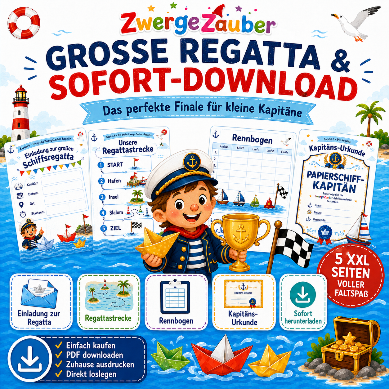 Große Papierschiff-Regatta mit Einladung, Regattastrecke, Rennbogen und Kapitäns-Urkunde als sofortiger PDF-Download