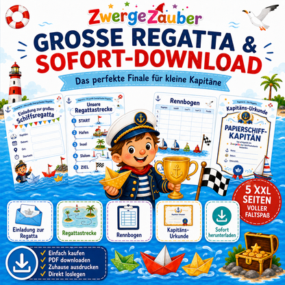 Große Papierschiff-Regatta mit Einladung, Regattastrecke, Rennbogen und Kapitäns-Urkunde als sofortiger PDF-Download