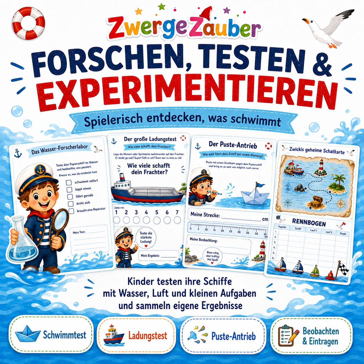 Papierschiff-Experimente für Kinder – Schwimmtest, Ladungstest, Puste-Antrieb und Forscheraufgaben im ZwergeZauber PDF