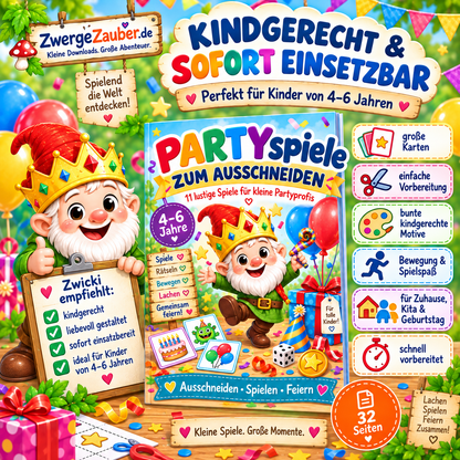 Kindgerechte Partyspiele für Kinder von 4–6 Jahren zum Ausschneiden, Spielen, Bewegen und gemeinsamen Feiern