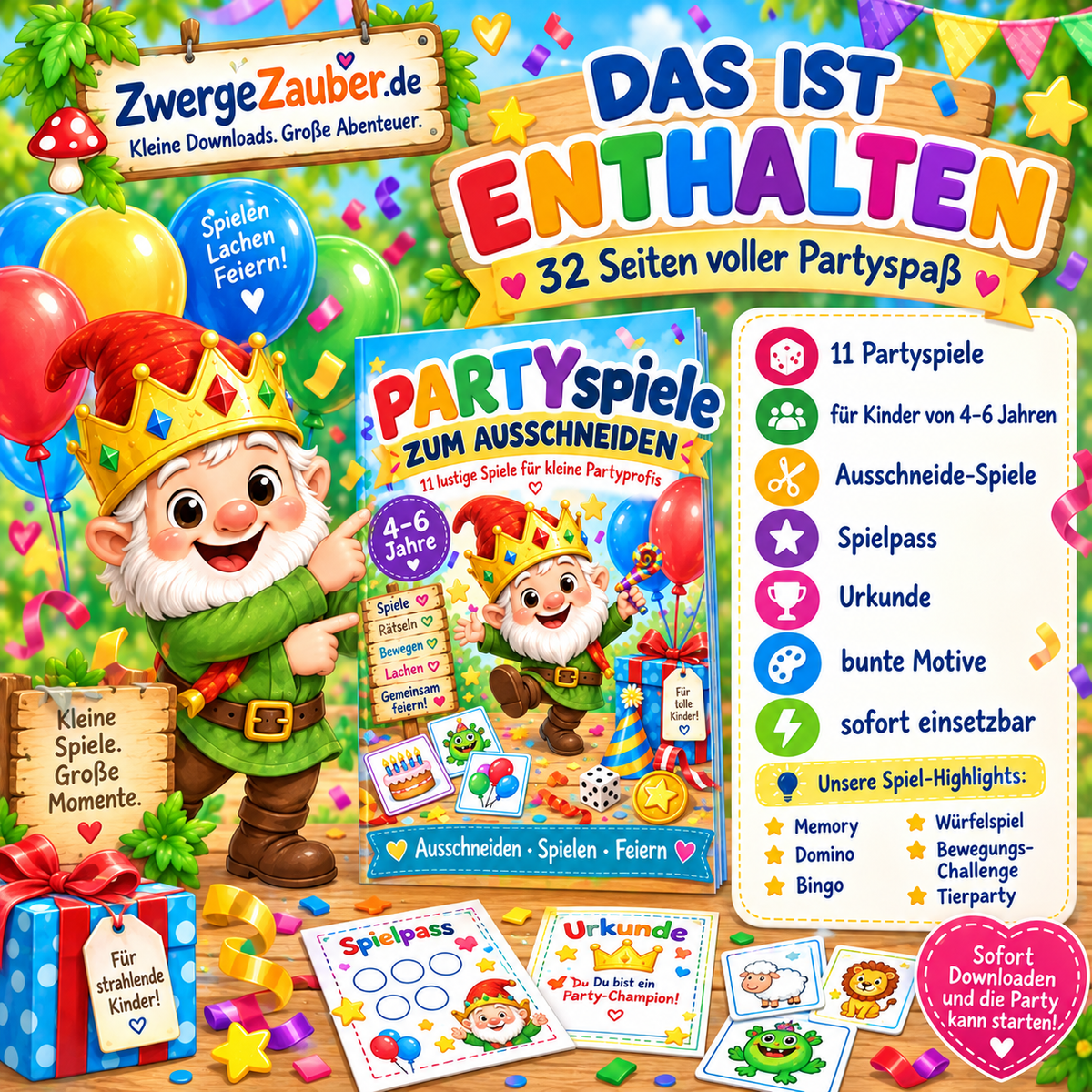 Partyspiele zum Ausschneiden mit 32 Seiten, 11 Spielen, Spielpass und Urkunde für Kinder von 4–6 Jahren