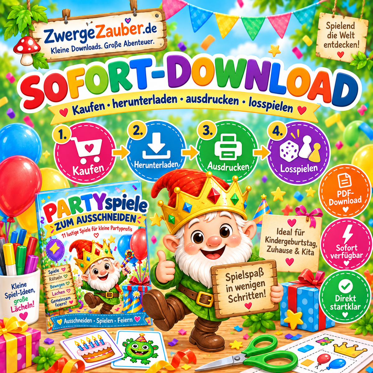 Partyspiele für Kinder als PDF Sofort-Download – herunterladen, ausdrucken, ausschneiden und direkt losspielen