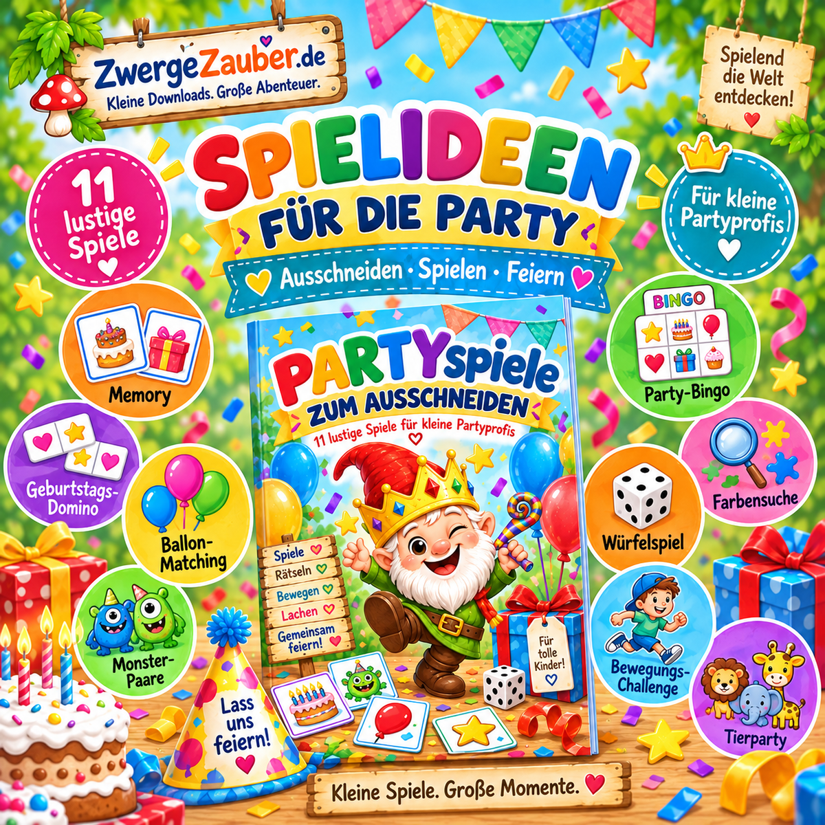 11 Partyspiele zum Ausschneiden für Kindergeburtstag, Zuhause und Kita mit Memory, Bingo und Würfelspiel
