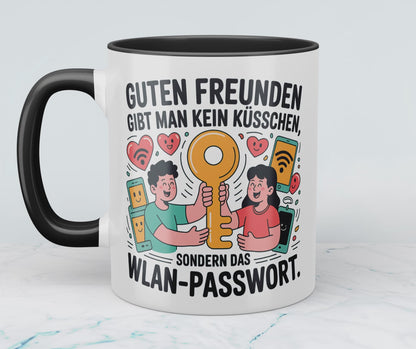 Witzige Bürotasse mit Spruch: Guten Freunden gibt man kein Küsschen, sondern das WLAN-Passwort