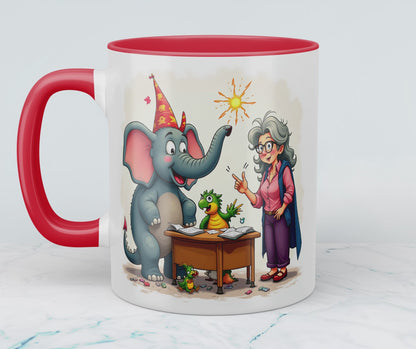 Lustige bedruckte Kindertasse: Magische Tiere mit Lehrerin, Elefant & buntem Cartoon-Design!