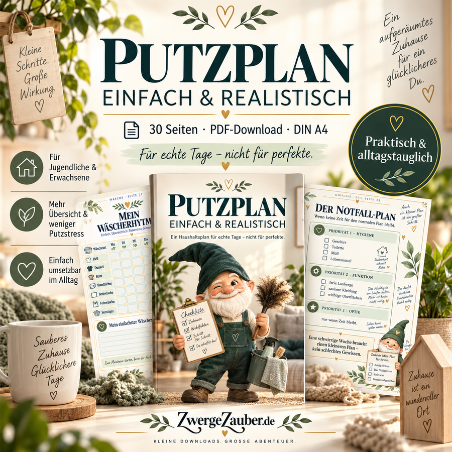 Putzplan einfach & realistisch als 30-seitiger PDF-Download im DIN-A4-Format mit Zwicki – Haushaltsplan für Jugendliche und Erwachsene