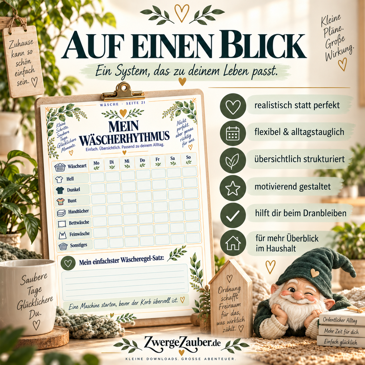 ZwergeZauber Putzplan auf einen Blick mit realistischen Routinen, übersichtlichen Checklisten und flexibler Haushaltsplanung