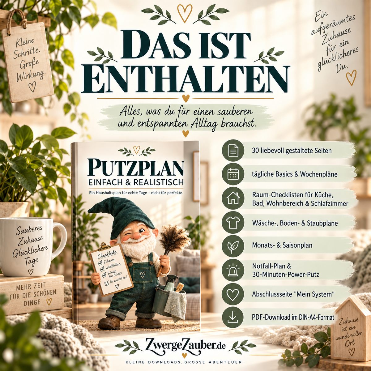 Übersicht der Inhalte des 30-seitigen Putzplan-PDFs von ZwergeZauber mit Wochenplänen, Raum-Checklisten, Wäsche-, Monats- und Saisonplan