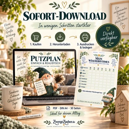 Sofort-Download des ZwergeZauber Putzplans als 30-seitige DIN-A4-PDF zum Herunterladen, Ausdrucken und direkt Loslegen