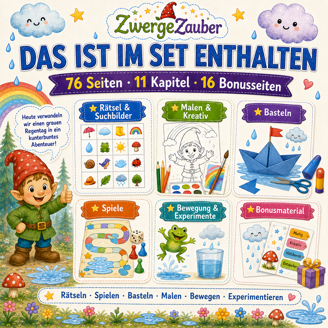 XXL-Bonusmaterial vom Regentag-Retter XXL mit 16 Bonusseiten, Bingo-Karten, Belohnungskarten, Postkarten, Anhängern und Indoor-Schatzsuche.