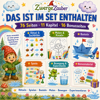 XXL-Bonusmaterial vom Regentag-Retter XXL mit 16 Bonusseiten, Bingo-Karten, Belohnungskarten, Postkarten, Anhängern und Indoor-Schatzsuche.